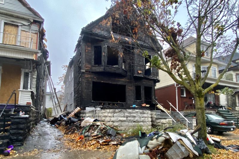 Remains of a burnt-out house exterior